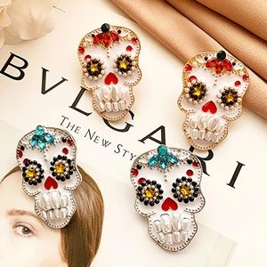 Zara Los Muertos Chunky Boho Silver Pearl Big Long Drop Scull Earrings